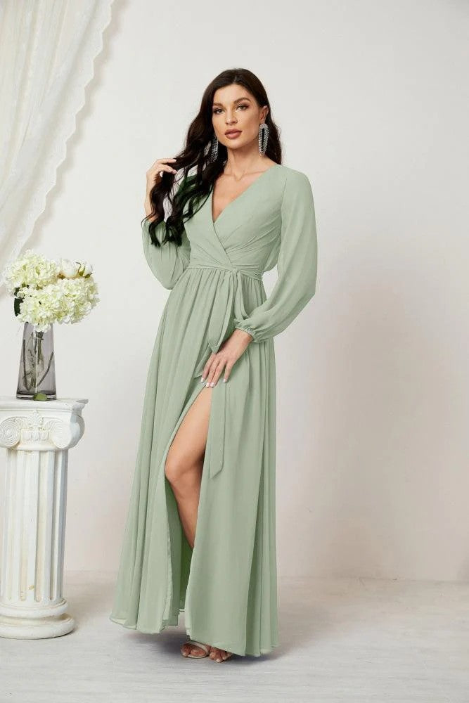 Lumidress Deep V-Neck Chiffon Evening Dress with Bishop Sleeves &amp; Side Slit