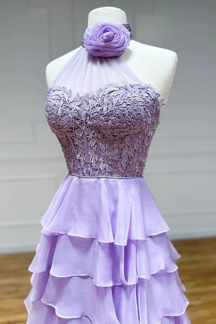 Lumidress Romantic Lavender Halter Neck Tiered Ruffle Long Chiffon Prom Dress