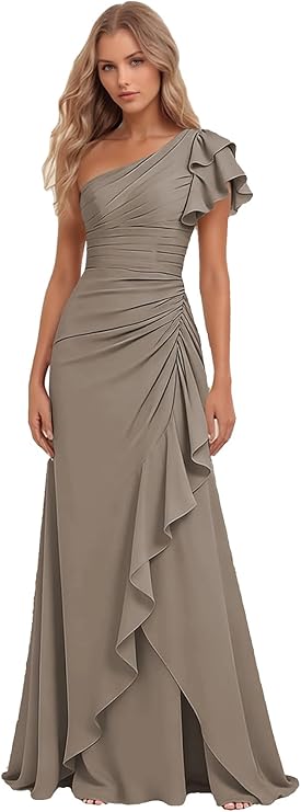 Lumidress Elegant One-Shoulder Ruched Chiffon Long Evening Gown with Ruffle Detail