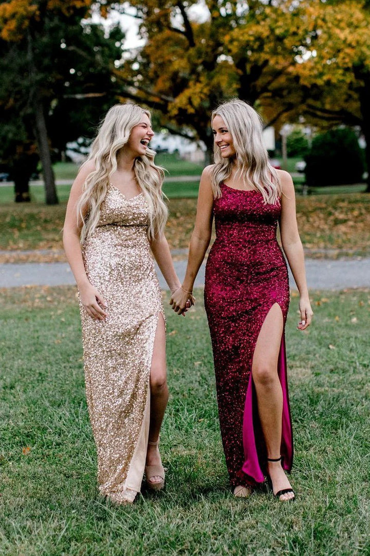 Lumidress Sequin Scoop Neck Mermaid Prom Dress with High Slit