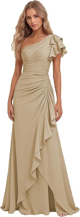 Lumidress Elegant One-Shoulder Ruched Chiffon Long Evening Gown with Ruffle Detail