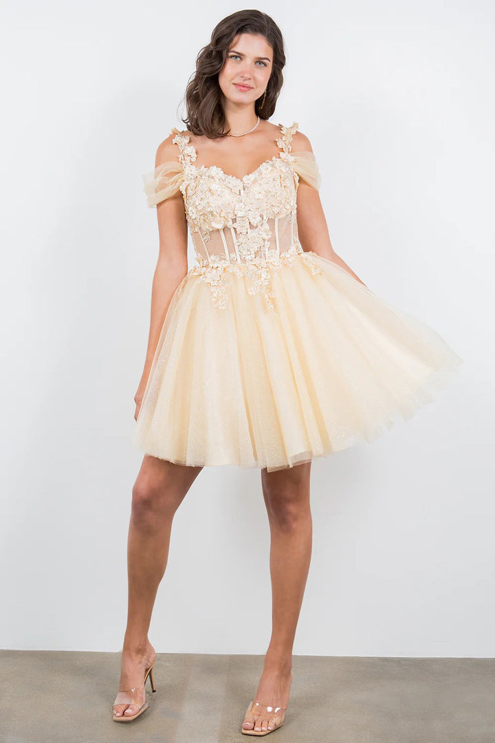 Lumidress Off-Shoulder 3D Floral Appliques A-Line Glitter Tulle Short Dress