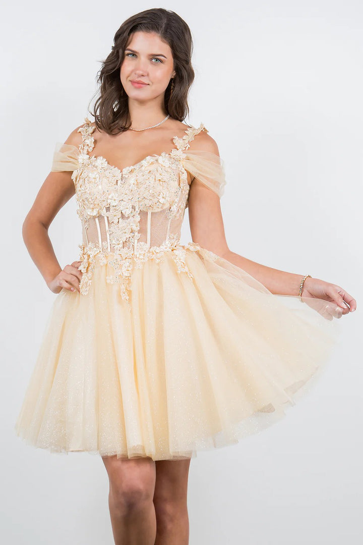 Lumidress Off-Shoulder 3D Floral Appliques A-Line Glitter Tulle Short Dress