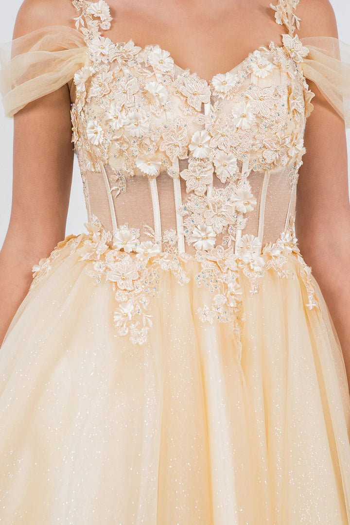 Lumidress Off-Shoulder 3D Floral Appliques A-Line Glitter Tulle Short Dress