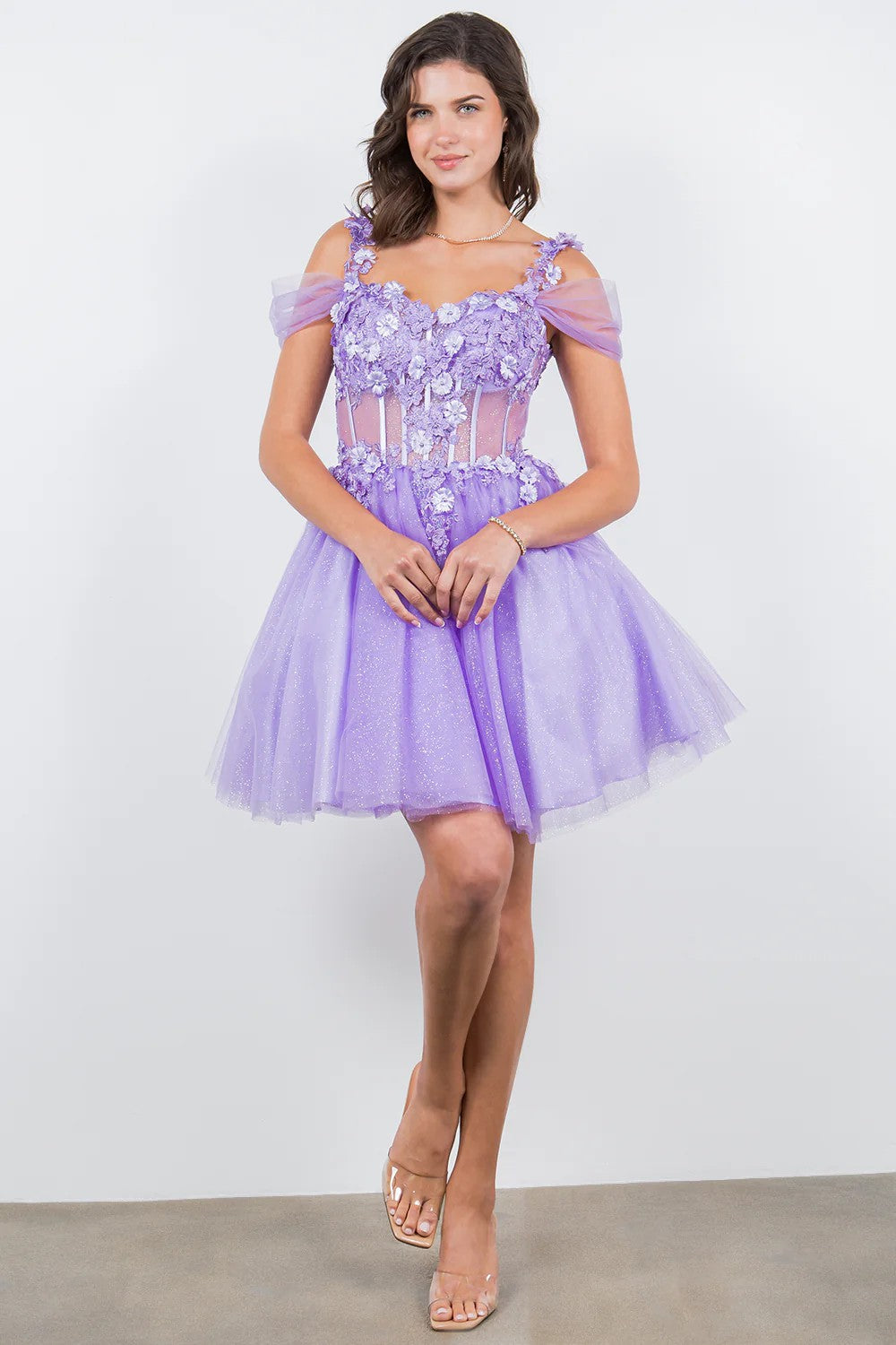 Lumidress Off-Shoulder 3D Floral Appliques A-Line Glitter Tulle Short Dress