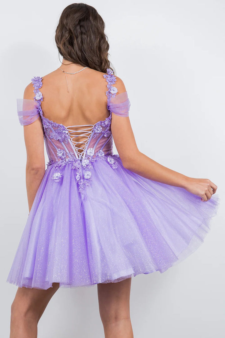 Lumidress Off-Shoulder 3D Floral Appliques A-Line Glitter Tulle Short Dress