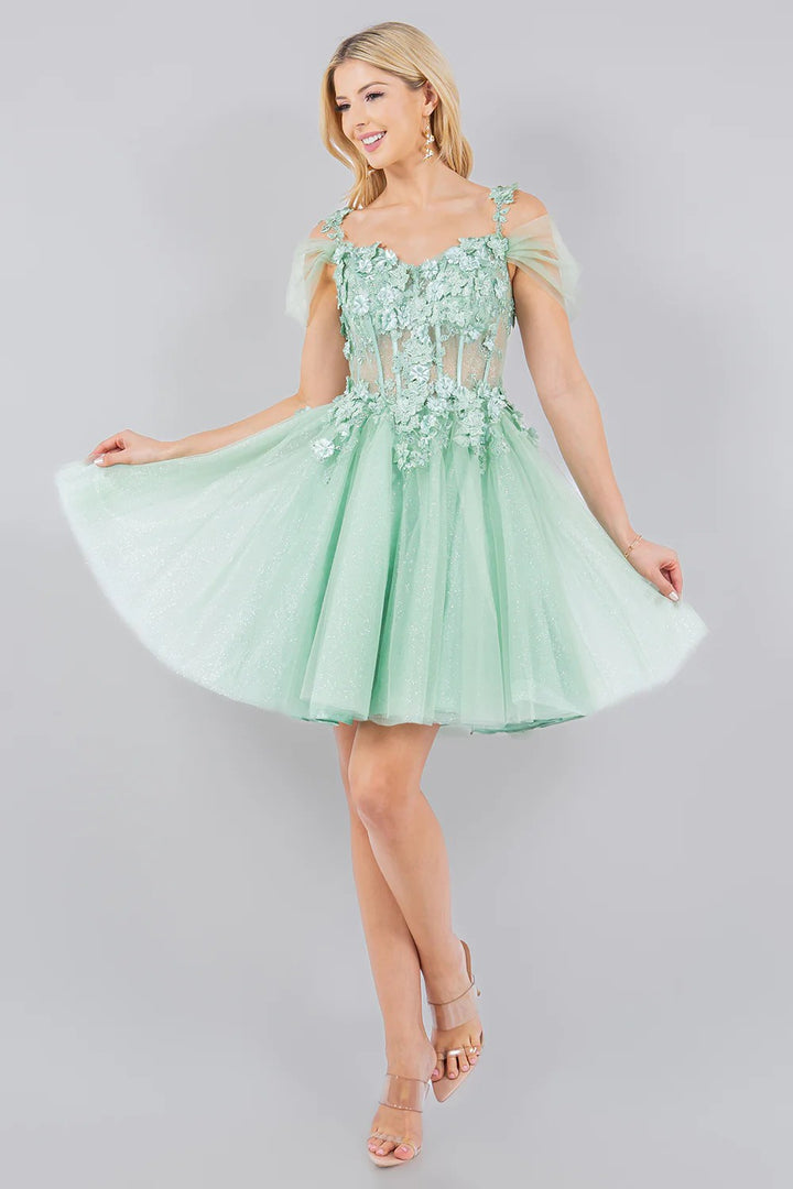 Lumidress Off-Shoulder 3D Floral Appliques A-Line Glitter Tulle Short Dress