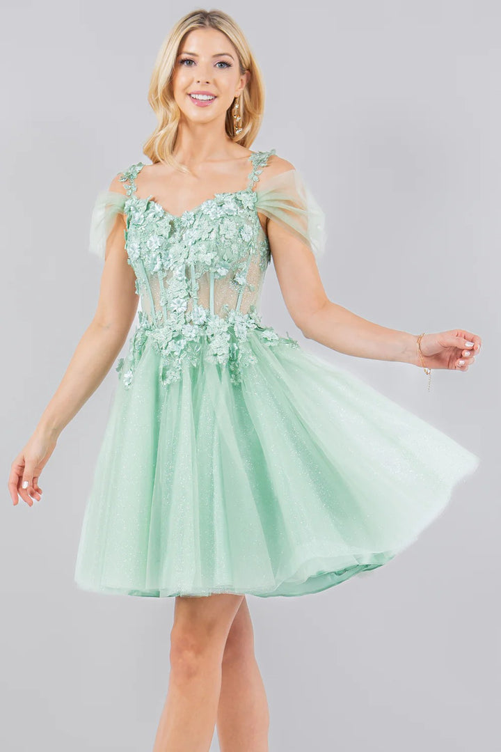 Lumidress Off-Shoulder 3D Floral Appliques A-Line Glitter Tulle Short Dress