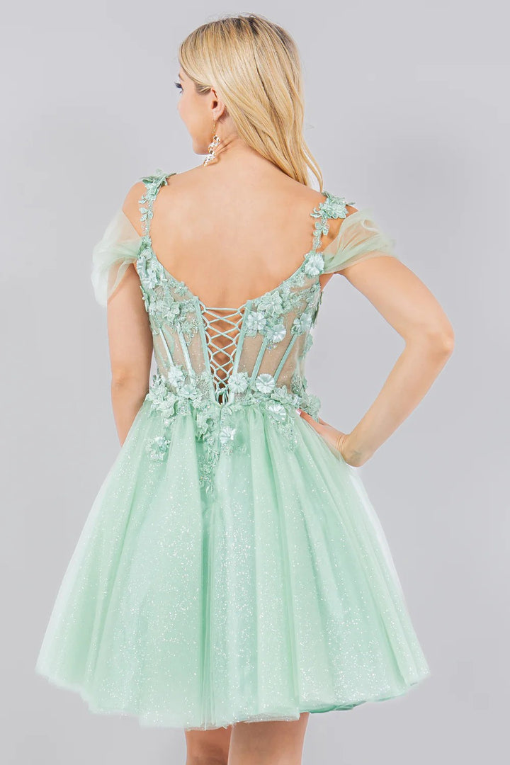 Lumidress Off-Shoulder 3D Floral Appliques A-Line Glitter Tulle Short Dress