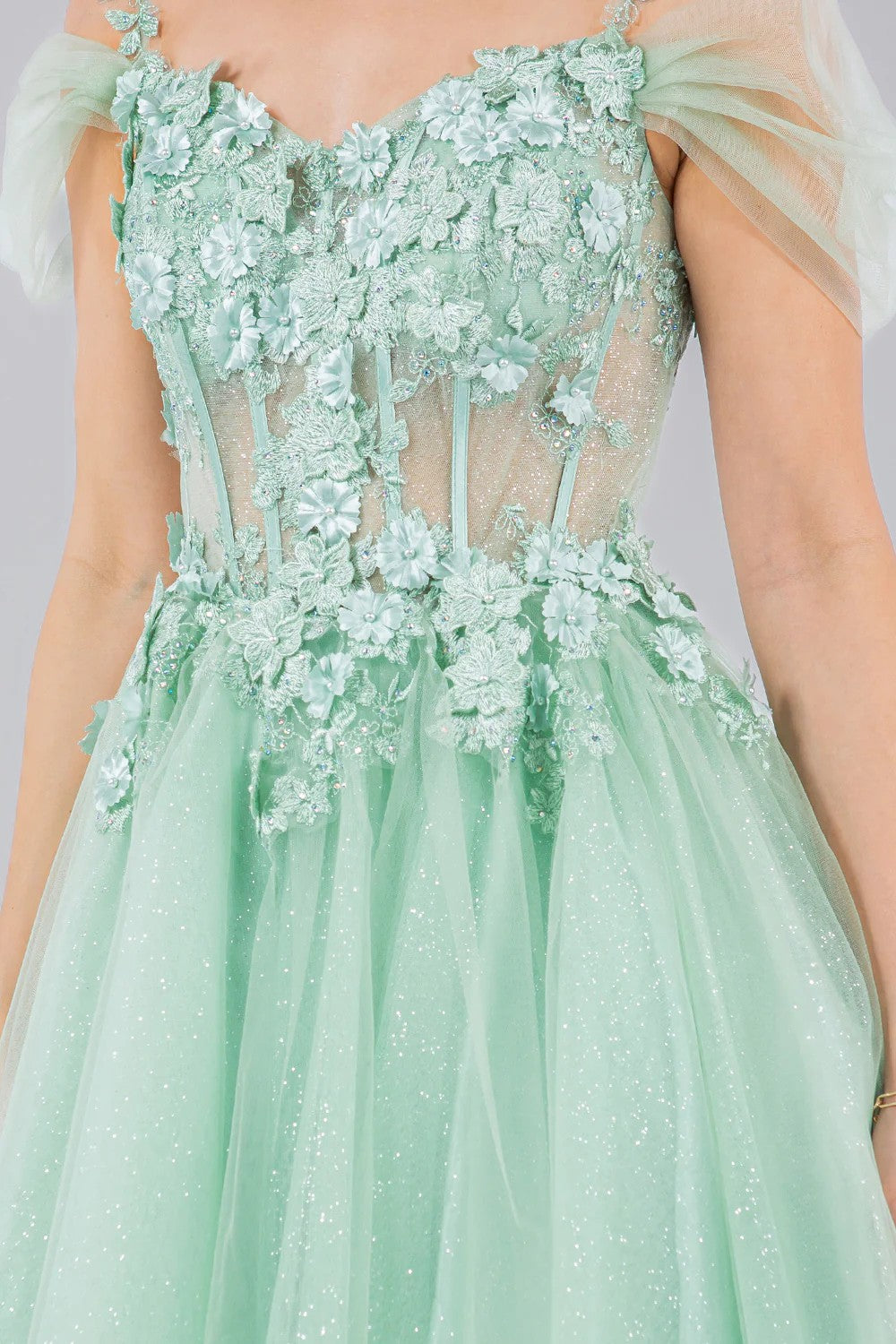 Lumidress Off-Shoulder 3D Floral Appliques A-Line Glitter Tulle Short Dress