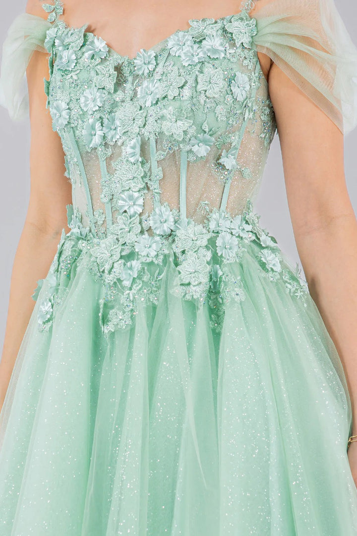 Lumidress Off-Shoulder 3D Floral Appliques A-Line Glitter Tulle Short Dress