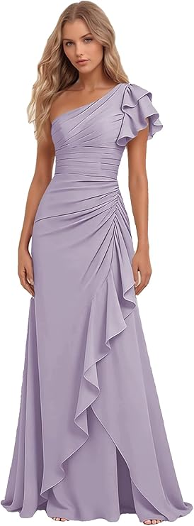Lumidress Elegant One-Shoulder Ruched Chiffon Long Evening Gown with Ruffle Detail