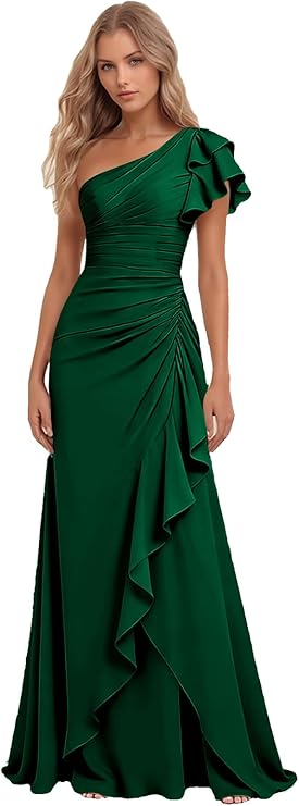 Lumidress Elegant One-Shoulder Ruched Chiffon Long Evening Gown with Ruffle Detail