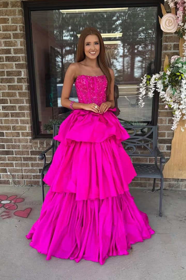 Lumidress Fuchsia Satin A-Line Strapless Prom Dress with Tiered Ruffles