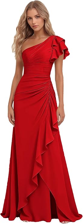 Lumidress Elegant One-Shoulder Ruched Chiffon Long Evening Gown with Ruffle Detail