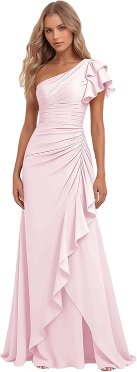 Lumidress Elegant One-Shoulder Ruched Chiffon Long Evening Gown with Ruffle Detail