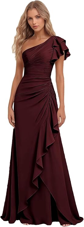 Lumidress Elegant One-Shoulder Ruched Chiffon Long Evening Gown with Ruffle Detail