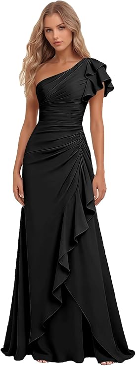 Lumidress Elegant One-Shoulder Ruched Chiffon Long Evening Gown with Ruffle Detail