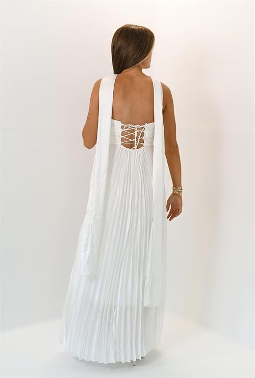Lumidress Elegant Chiffon Sweetheart Neck A-Line Pleated Formal Evening Gown with Scarf