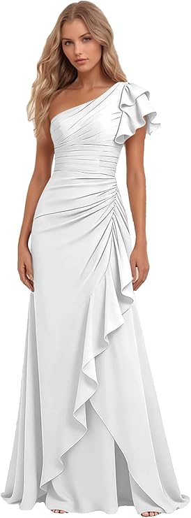 Lumidress Elegant One-Shoulder Ruched Chiffon Long Evening Gown with Ruffle Detail