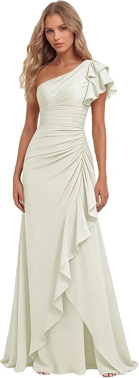 Lumidress Elegant One-Shoulder Ruched Chiffon Long Evening Gown with Ruffle Detail