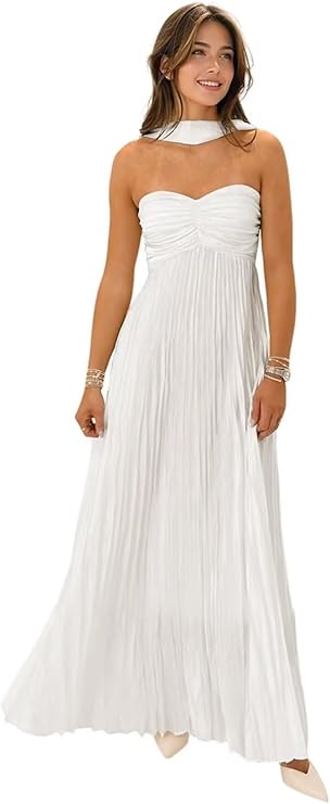 Lumidress Elegant Chiffon Sweetheart Neck A-Line Pleated Formal Evening Gown with Scarf