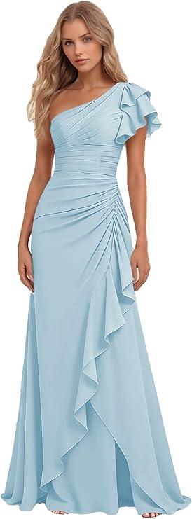 Lumidress Elegant One-Shoulder Ruched Chiffon Long Evening Gown with Ruffle Detail