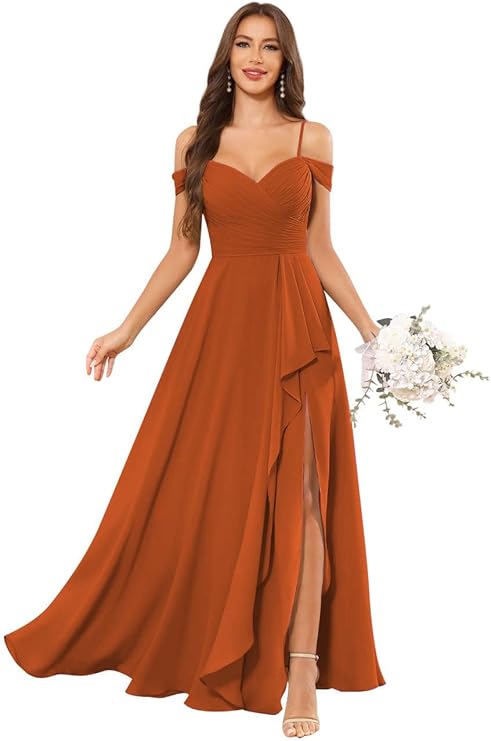Lumidress Elegant Off-the-Shoulder Chiffon Bridesmaid Dress with Slit for Formal Events