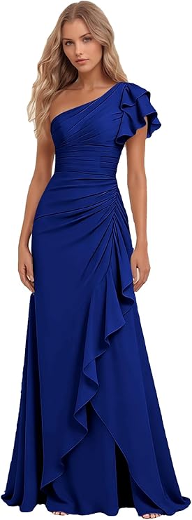Lumidress Elegant One-Shoulder Ruched Chiffon Long Evening Gown with Ruffle Detail