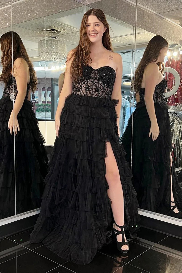 Lumidress Glamorous Black Strapless Layered Prom Gown with Appliques and Slit