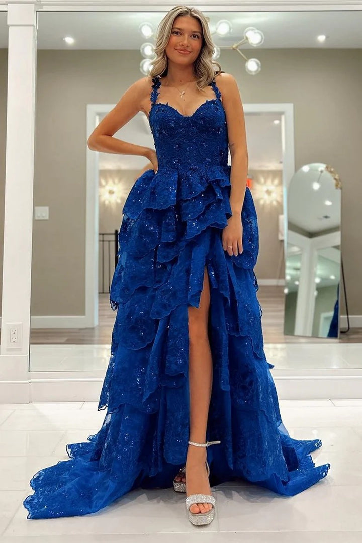 Lumidress Blue Sweetheart Tulle Evening Gown with Sequin Tiered Ruffles