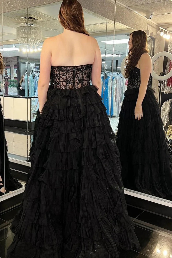 Lumidress Glamorous Black Strapless Layered Prom Gown with Appliques and Slit
