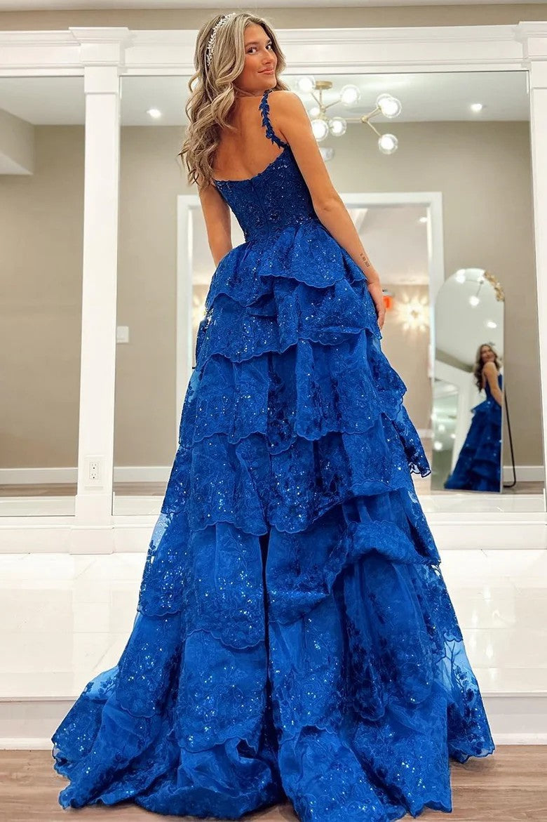 Lumidress Blue Sweetheart Tulle Evening Gown with Sequin Tiered Ruffles