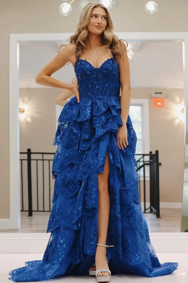 Lumidress Blue Sweetheart Tulle Evening Gown with Sequin Tiered Ruffles