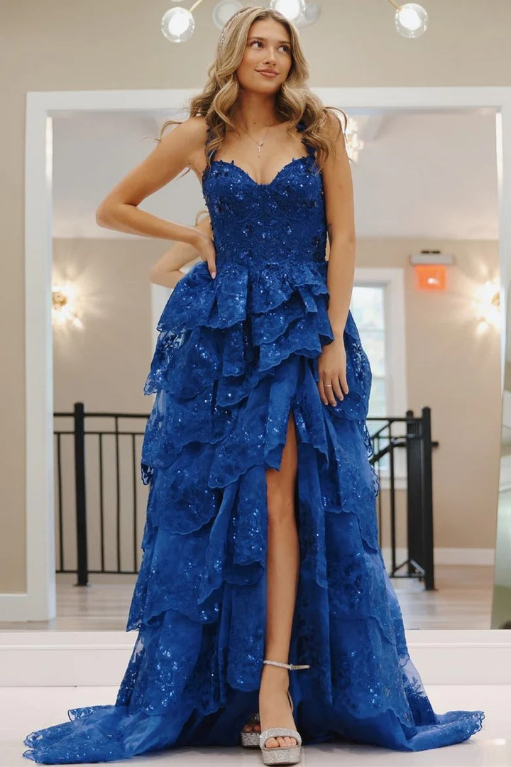 Lumidress Blue Sweetheart Tulle Evening Gown with Sequin Tiered Ruffles