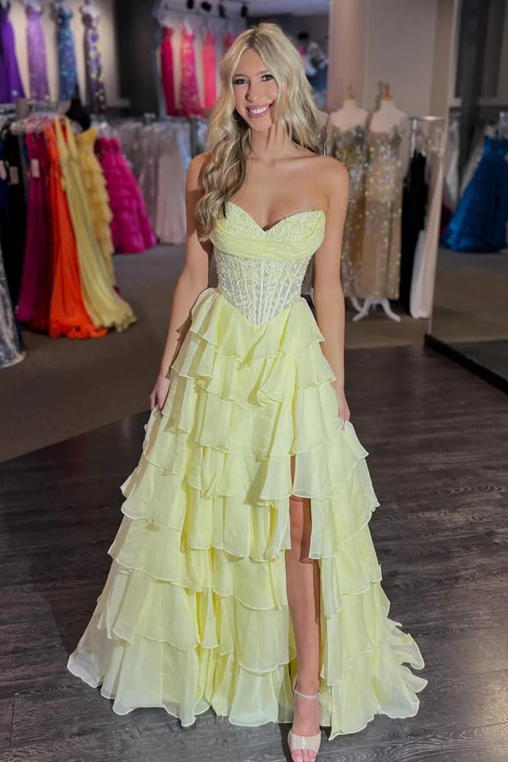 Lumidress A-Line Sweetheart Chiffon Tiered Prom Dress with Appliqués