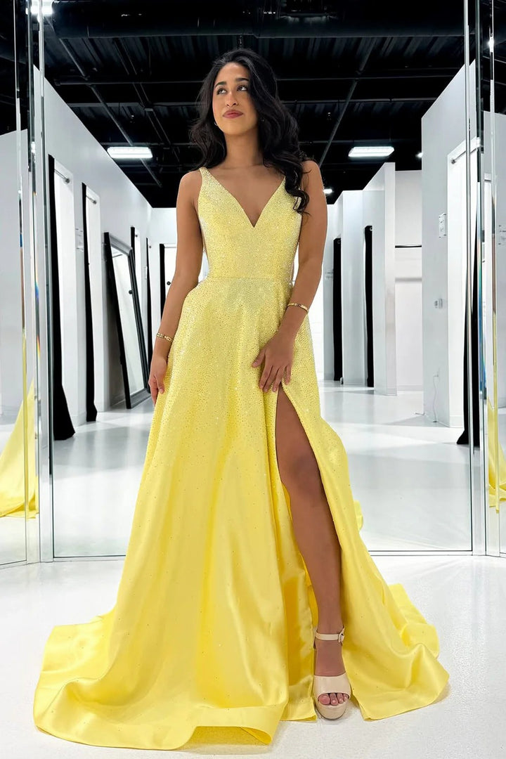 Lumidress Yellow Satin A-Line Prom Dress with V-Neck and Beaded Details