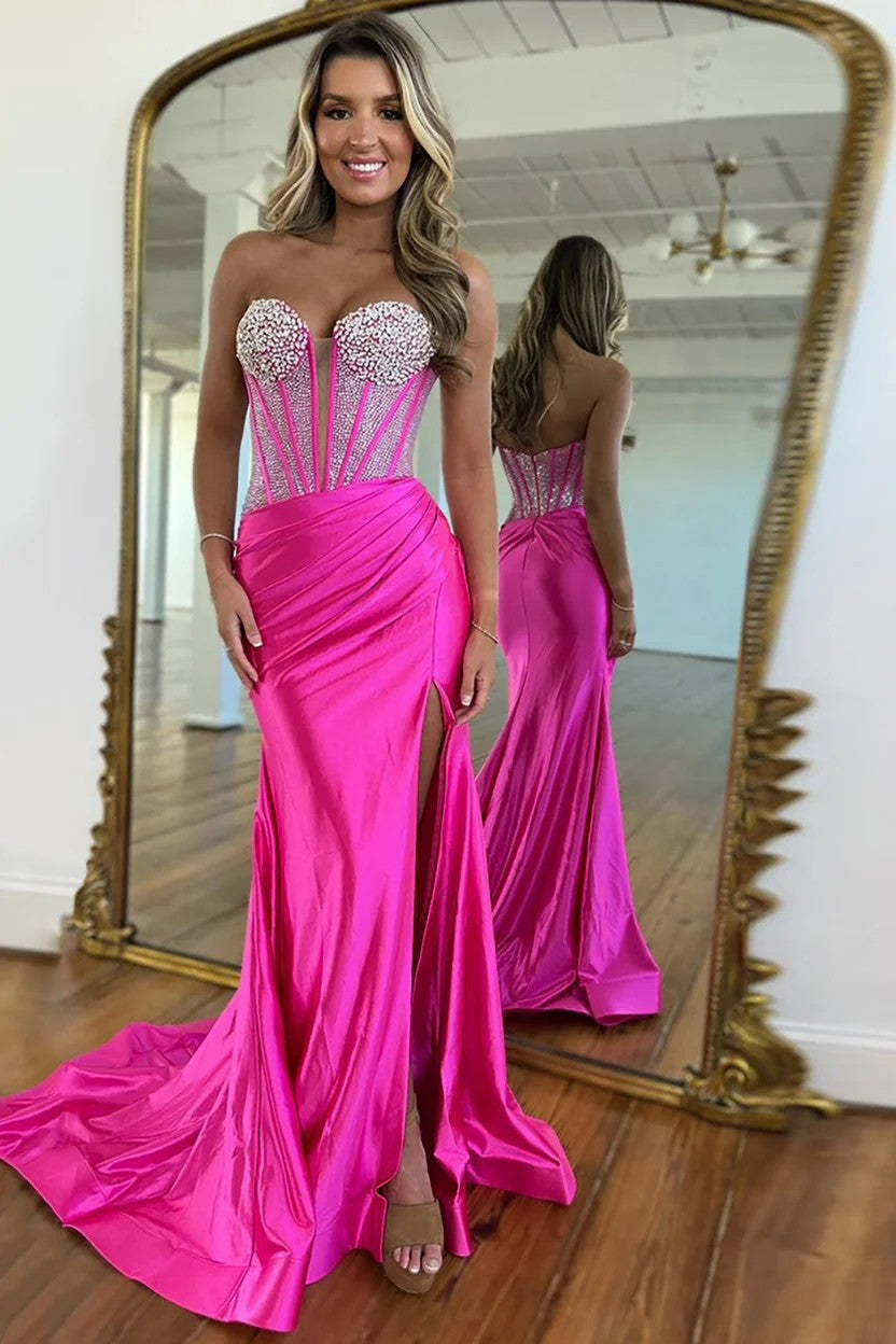 Lumidress Sweetheart Beaded Satin Mermaid Prom Dress with High Slit