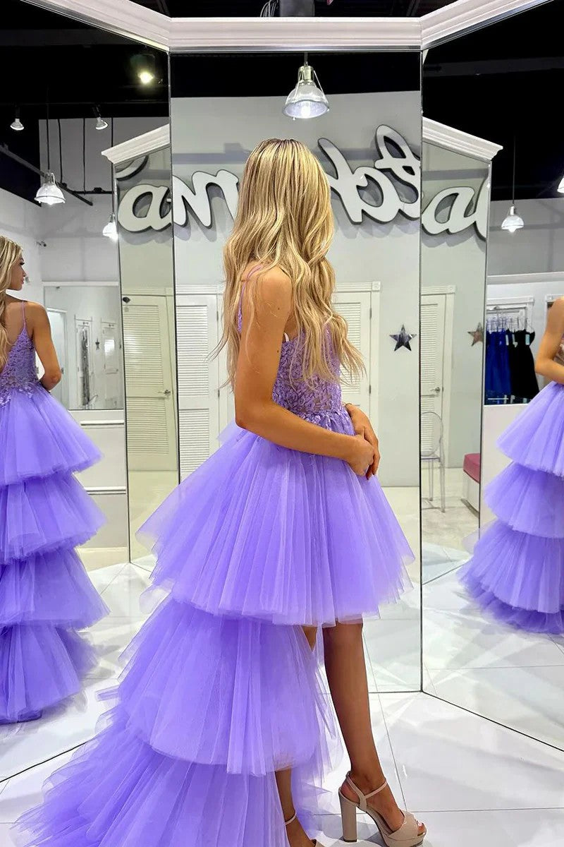 Lumidress Lavender High-Low Tiered Tulle Prom Dress with Lace Bodice