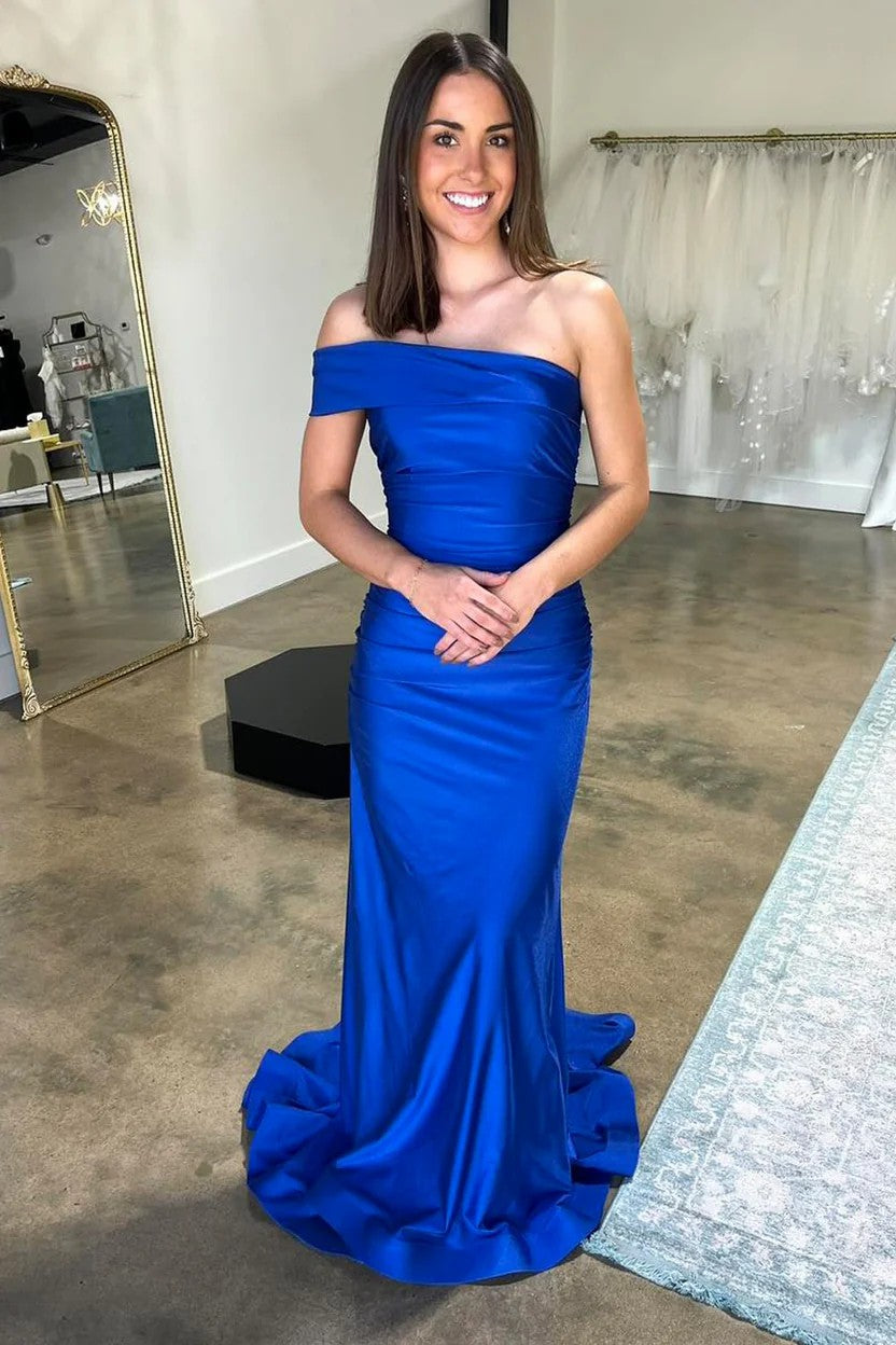 Lumidress Royal Blue Off-the-Shoulder Satin Mermaid Evening Gown