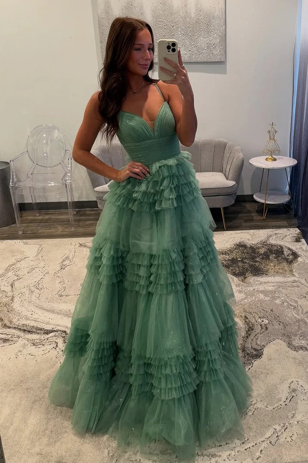 Lumidress Sage Green Tulle A-Line Prom Dress with V-Neck and Tiered Ruffles