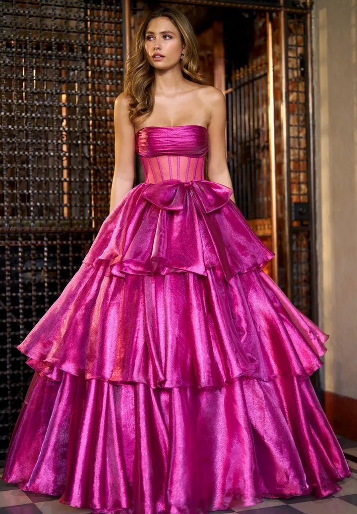 Lumidress Glamorous Strapless Tiered Ball Gown Pageant Dress with Bow