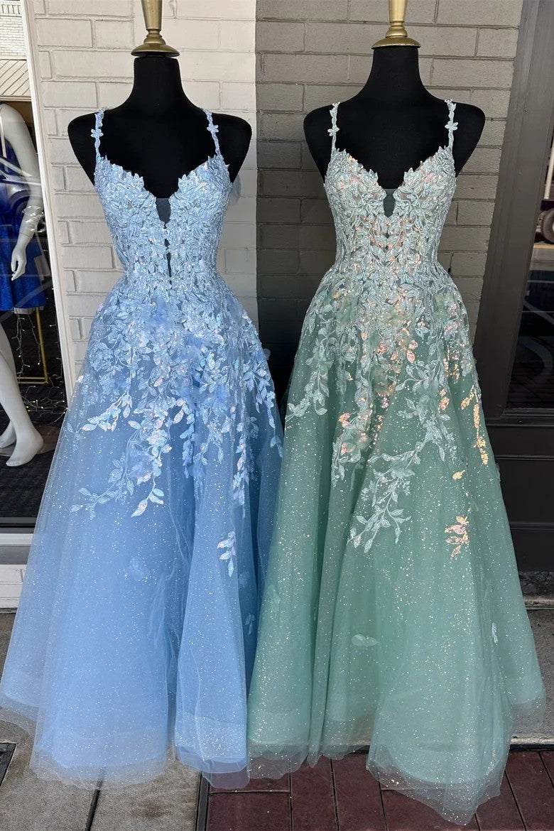 Lumidress A-Line Applique V-Neck Long Formal Prom Dress with Removable Sleeves