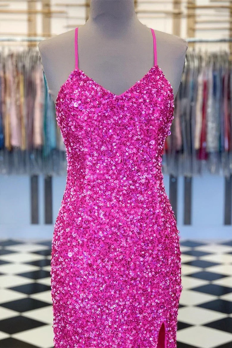 Lumidress Hot Pink V-Neck Spaghetti Strap Sequin Long Prom Dress