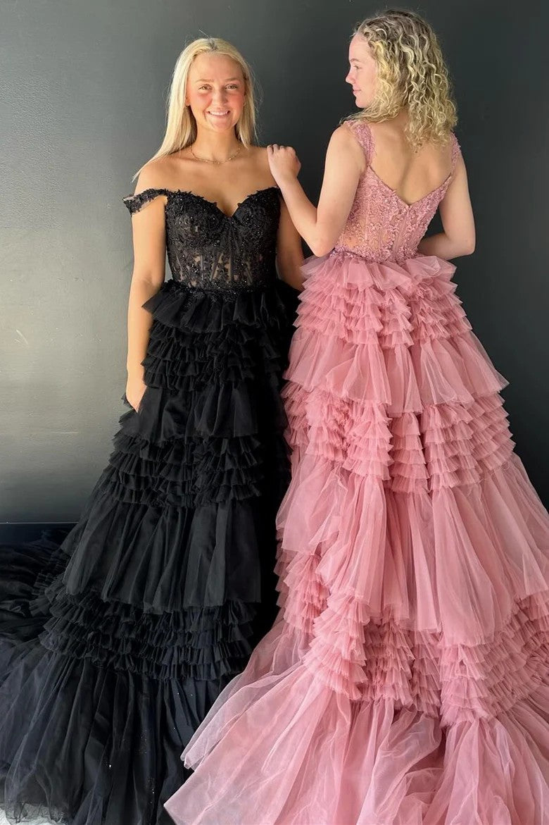 Lumidress Glamorous Red Off-Shoulder Applique Corset Ball Gown with Tiered Ruffle Skirt