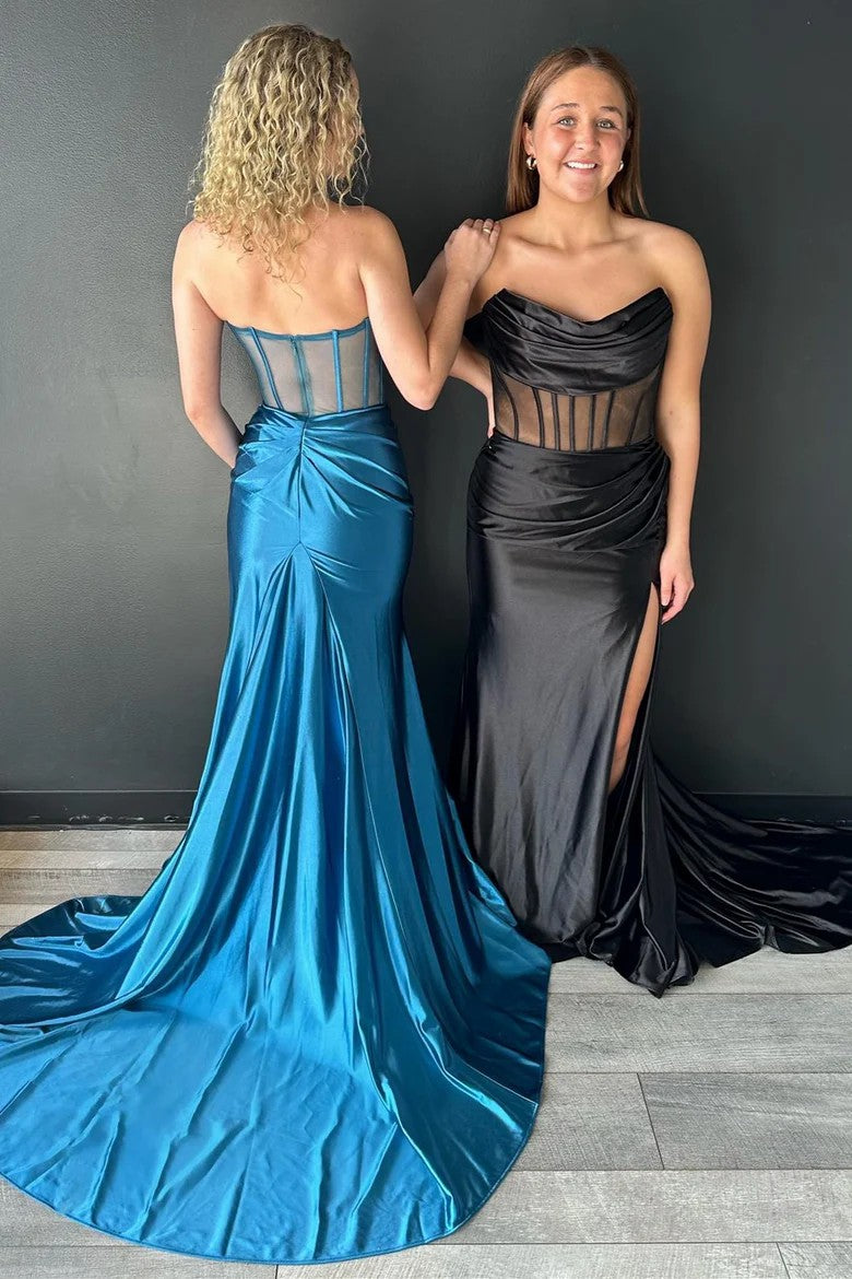 Lumidress Strapless Sheer Bodice Long Formal Dress with Side Slit