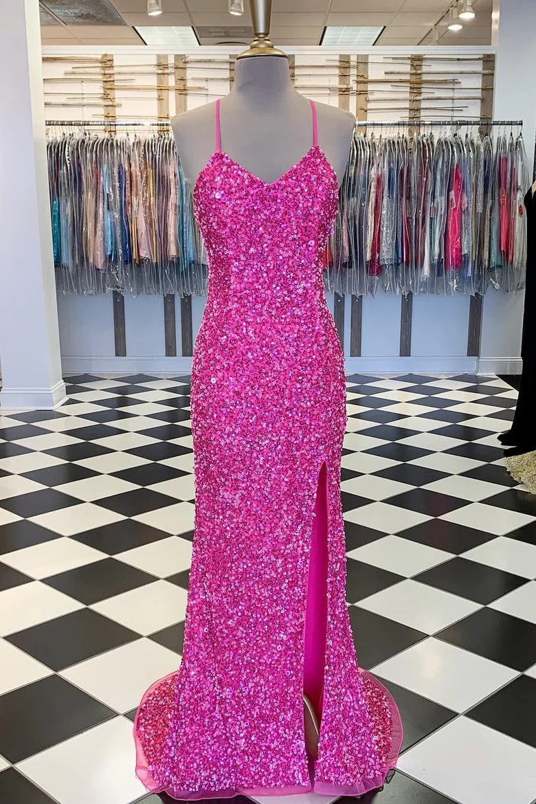 Lumidress Hot Pink V-Neck Spaghetti Strap Sequin Long Prom Dress