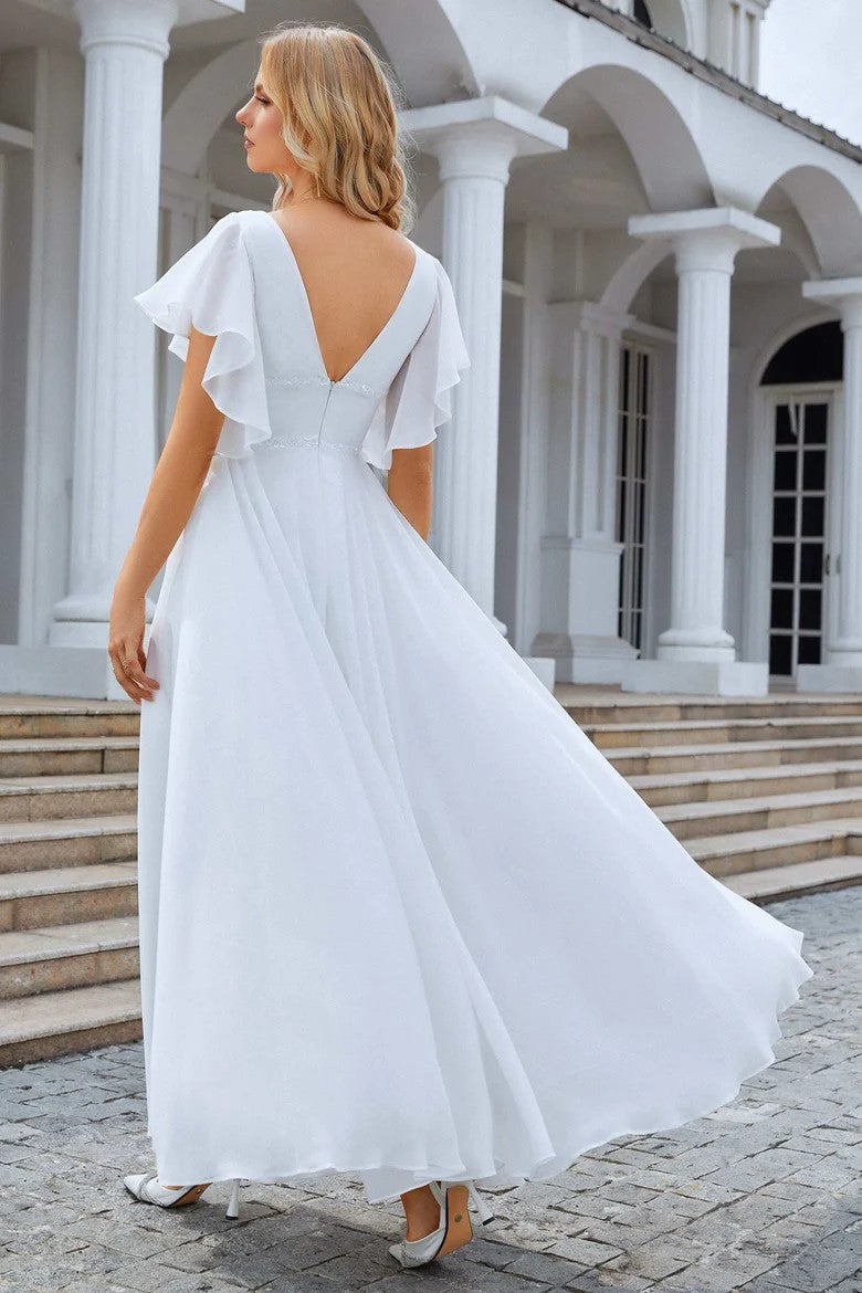 Lumidress Elegant White Chiffon V-Neck A-Line Maxi Dress with Flare Sleeves