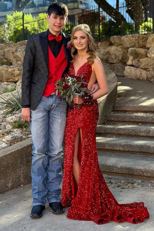 Lumidress Glamorous Red Sequin Mesh Mermaid Formal Dress with Side Slit
