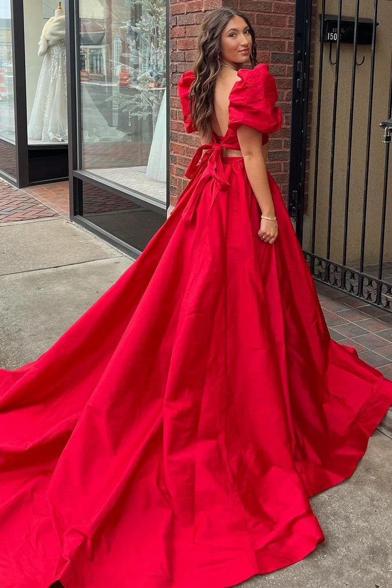 Lumidress Stylish Two-Piece Green Puff Sleeve Formal Dress with Tie-Back Detail